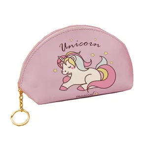 Pink half round unicorn cosmetic bag cute cartoon zipper travel pouch with keychain