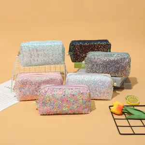Fashion Sequin Makeup Bag Large Capacity Toiletry Organizer Pouch Portable Glitter Cosmetic Bag With Faux Pearl Zipper Pull For Women
