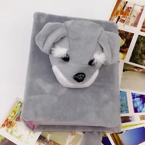 Cute plush dog photo album, 6 inch grey fluffy puppy notebook, soft diary gift for students.