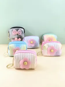 Cute Tie-Dye Gradient PU Leather Mini Coin Purse With Flower Metal Keychain For Women Girls Fashion Zipper Small Key Lipstick Pouch Bag