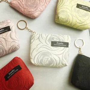 Mini zip coin purse with key ring, cute textured floral design, portable card holder bag