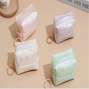 Pearl gradient woven PU coin purse with keychain, cute mini lipstick pouch and wallet set.