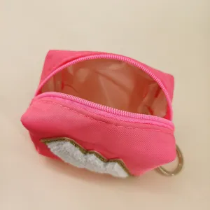 Rosa süße Chenille bestickte Münzbörse Detail, Bonbonfarbene Reißverschluss Tasche.
