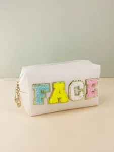 Waterproof PU Leather Makeup Bag Chenille Letter Patch Embroidery Large Capacity Toiletry Bag For Travel Women Storage Bag