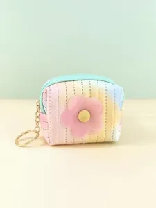 Pastel gradient coin purse detail shot featuring zipper closure and cute pink flower pendant.