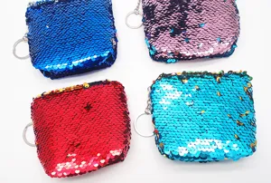 Mini sequin coin purse cute square zipper wallet keychain keyring colorful bag charm.