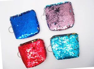 Colorful mini sequin coin purse with keychain glitter square pouch for kids daily use