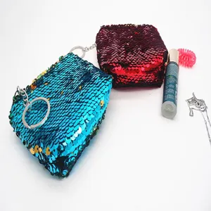 Cute reversible sequin coin purse with keychain, colorful mini zipper wallet for kids gifts