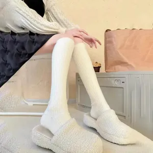 Japanese style milk white knee high socks for women, cute ribbed long socks winter wear.
