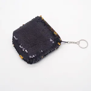 Mini sequin coin purse with keychain, black glitter zip pouch, cute square wallet for kids.