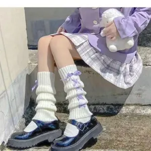 Japanische süße kreuzgeschnürte Beinstulpen weiße gestrickte warme Winter Stulpen