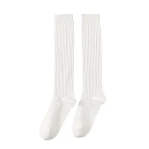 White ribbed knee high socks for women, classic cute sweet college style hosiery daily wear.