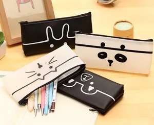 Cute cartoon animal PU leather translucent pencil case detail, minimalist student stationery bag.