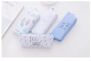Korean island blue canvas pencil case, multi-functional student stationery storage bag.