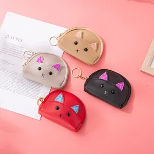Cute cat coin purse with glitter ears keychain mini wallet for kids girls portable storage pouch