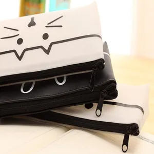 Cute cartoon cat PU leather pencil case black and white student stationery storage bag