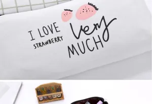Cute strawberry print canvas pencil pouch, minimalist stationery storage bag for students.