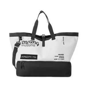 Large capacity color-blocked duffel travel gym bag with shoulder strap and bottom compartment.