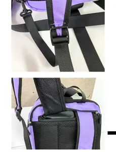 Détail de sangle de sac à dos avec boucle réglable et rembourrage en maille respirante.