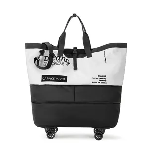Large capacity color-block travel bag with wheels, handles and shoulder strap for outdoor.