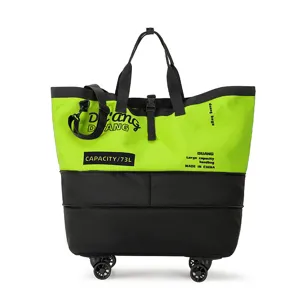 Large capacity colorblock travel duffel bag with wheels and shoulder strap for outdoor sports.