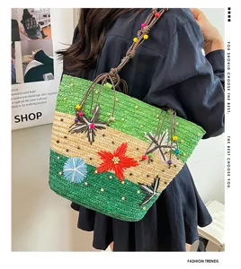 Detailed view of a large woven tote bag with colorful flower patterns and beaded handles.