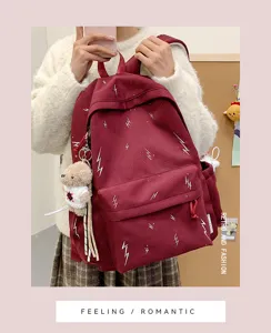 Close-up of a burgundy girls' school backpack with lightning patterns and bear charm