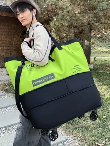 Extra-large 73L travel duffel bag with wheels, color-block outdoor fitness gym shoulder bag