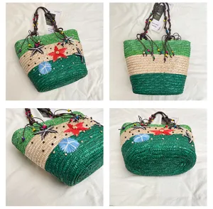 Multi-angle view of a green woven straw tote bag with floral accents and beaded charms