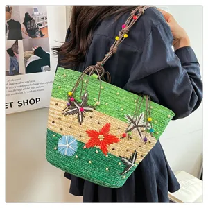 Close-up detail of a large woven basket tote bag with colorful 3D flowers and wooden beads