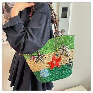 Detailed view of multicolor woven tote bag with 3D flower decorations and bead accents