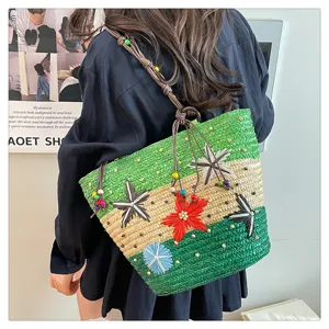 Bohemian large capacity woven straw tote bag featuring colorful 3D flower accents