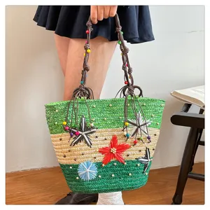 Detail shot of a colorful woven tote bag with 3D flower decorations and beaded handles