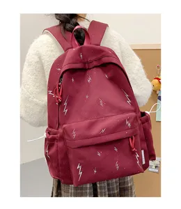 Detailed rear view of a maroon backpack with white lightning bolt prints worn by a student