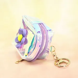 Holographic clear coin purse with purple flower decor and gold keychain detail close-up.