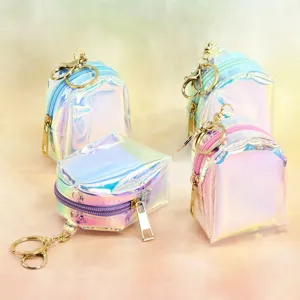 Holographic mini backpack coin purse keychain clear iridescent cute zipper wallet charm.