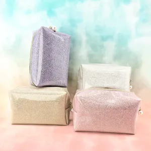 Glitter cosmetic bag set, portable shiny makeup organizer pouch with cute pearl zipper pull.