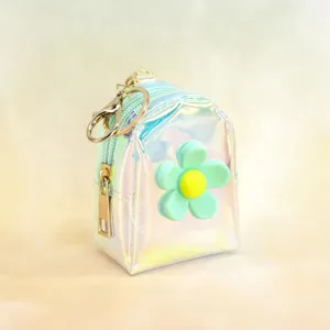 Holographic mini backpack keychain coin purse detail view, featuring cute flower pendant.
