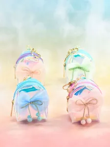 Laser Holographic Mini Backpack Coin Purse Mesh Bowknot Cute Small Bag Keychain Pendant TPU Waterproof Wallet For Women Girls Gift