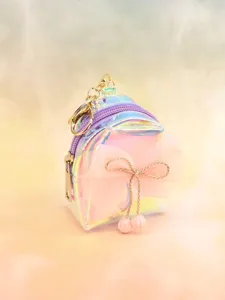 Holographic mini backpack keychain with cute mesh bow, iridescent coin purse pendant bag.