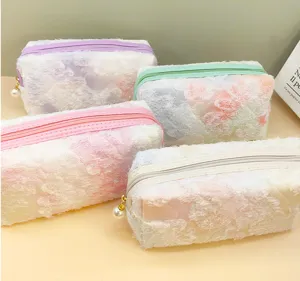 Cute fuzzy makeup pouch multi-color portable cosmetic bag aesthetic stationery pencil case