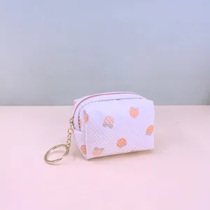 Cute quilted strawberry coin purse with key ring, mini zipper lipstick storage bag.