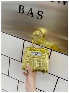 Mini laser crocodile pattern women handbag stylish metallic gold top handle shoulder bag