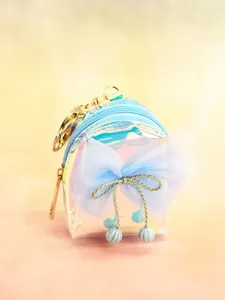 Holographic mini backpack coin purse with cute mesh bow keychain pendant for women and girls.