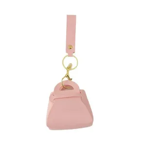 Pink miniature leather handbag keychain macaron style cute purse charm with gold hardware