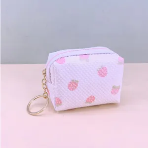 Waffle fabric strawberry coin purse cute mini lipstick storage pouch with gold key ring detail
