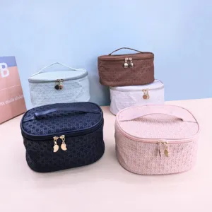 Large Capacity Woven Texture PU Leather Makeup Bag Waterproof Portable Cosmetic Organizer For Travel Women Toiletries Storage Bag