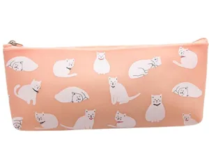 Cute pink silicone pencil case with white cat pattern for school students stationery storage.