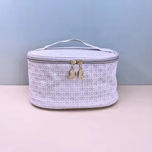 Large capacity PU leather cosmetic bag with woven texture, portable travel makeup storage case.