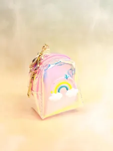 Holographic mini backpack coin purse with cute rainbow cloud charm and gold tone keychain ring.